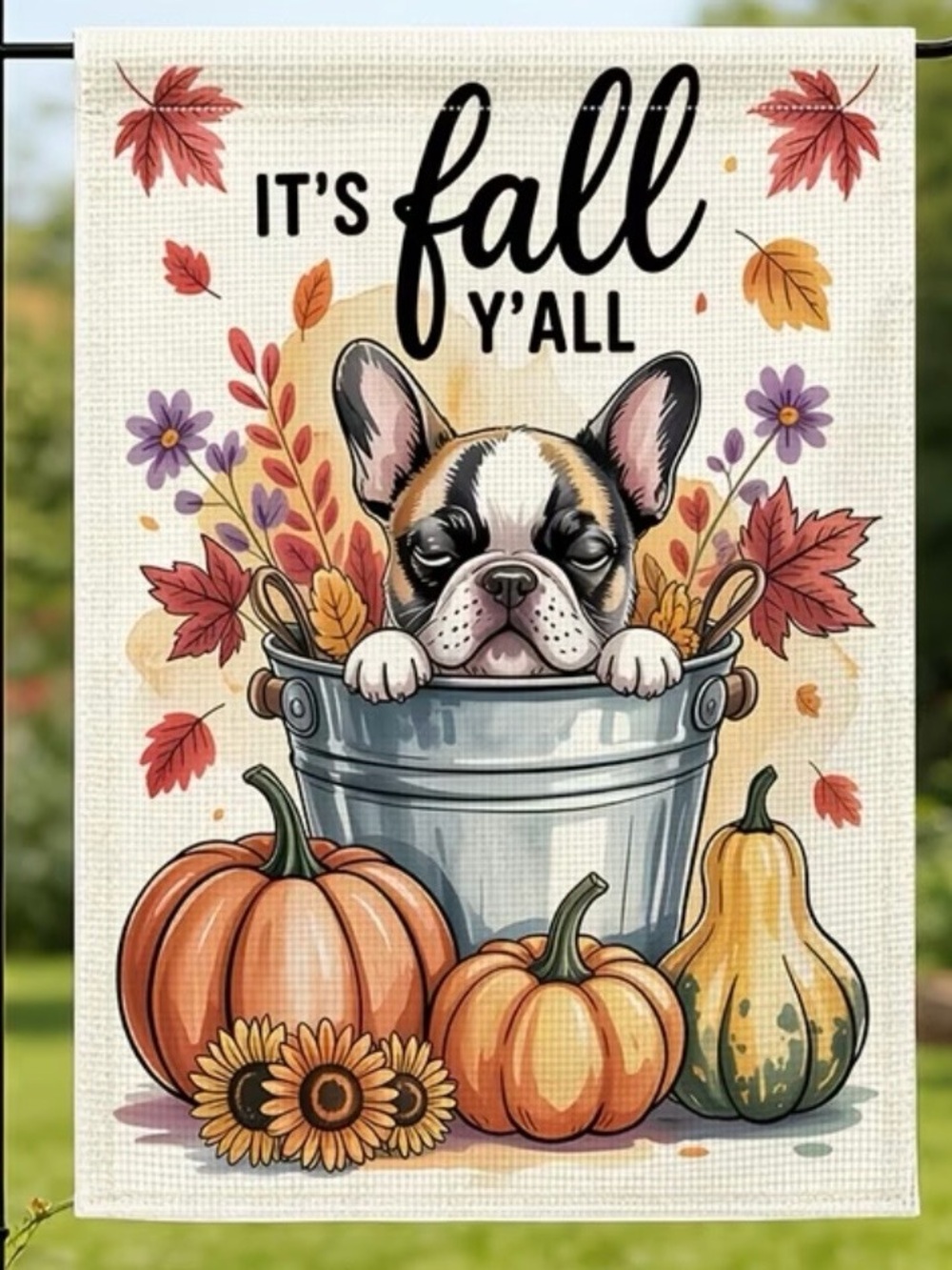 It's Fall Y'all Garden Flag - Cute French Bulldog Pumpkin Design (Orange, Green)